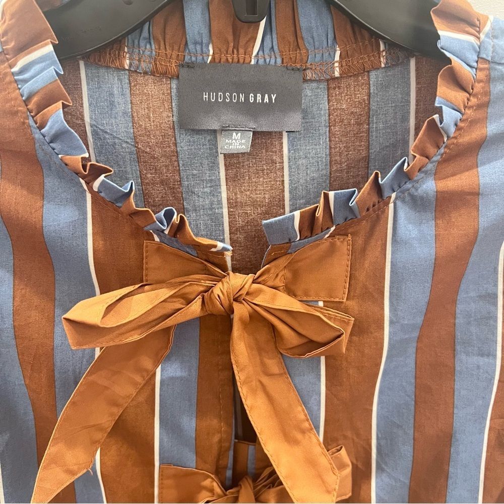 Hudson Gray Brown and Blue Striped Dress with Ruffles Medium - Picture 3 of 10